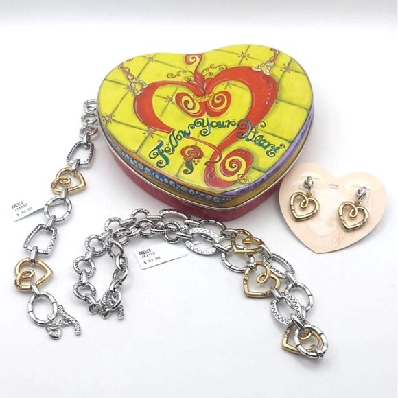 Brighton Fresco 3-Pc Set Silver & Gold Plated Necklace Earrings Bracelet & Tin - Picture 1 of 8